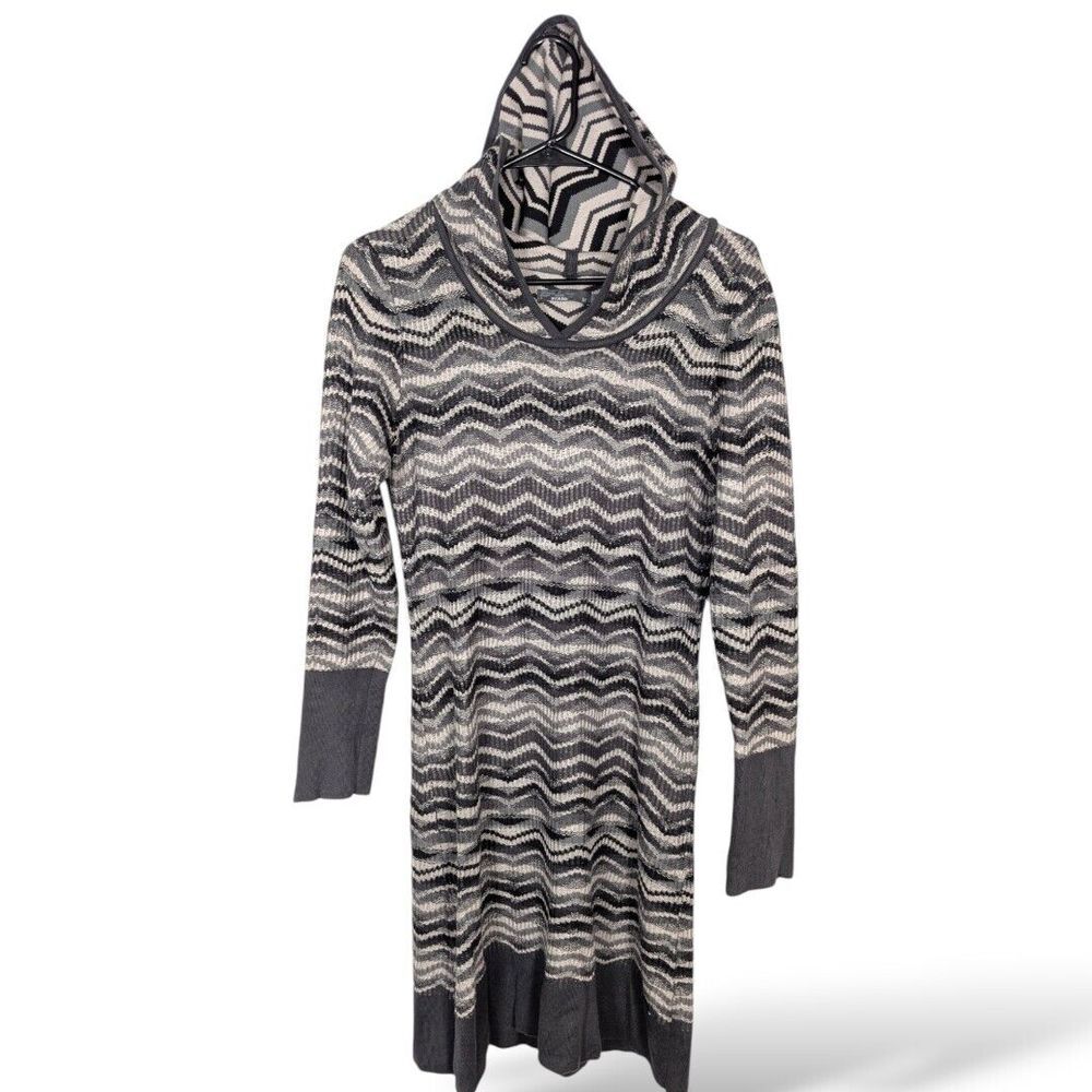 Prana Meryl‎ Sweater Dress M Hooded Chevron Gray Striped Knit Tunic Cozy